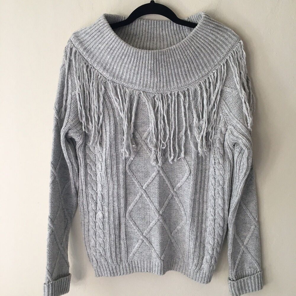 Fringe Knit Angora Off the Shoulder Sweater Small Grey Western Cowgirl Boho - Picture 3 of 10